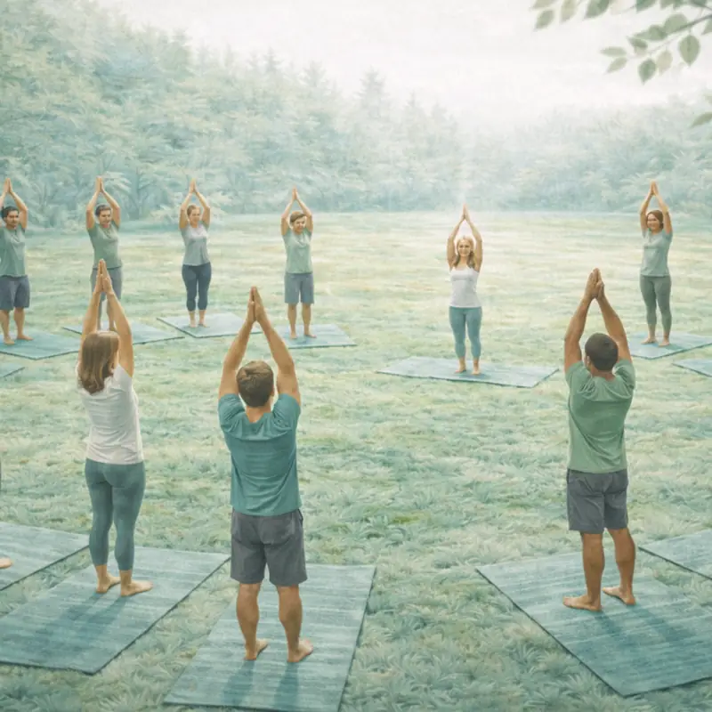 Yoga for virksomheder i naturen, gruppesession med instruktør.