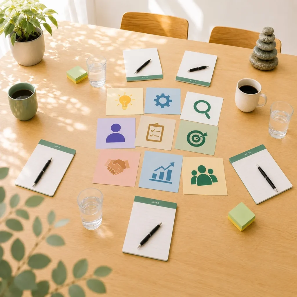Belbin workshopmaterialer med kort, noter og redskaber klar til teamudvikling.