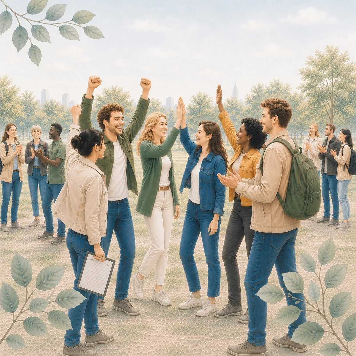 Efter at have gennemført Offline Challenge uden brug af skærme fejrer deltagerne vinderteamet med high fives og smil i en park.