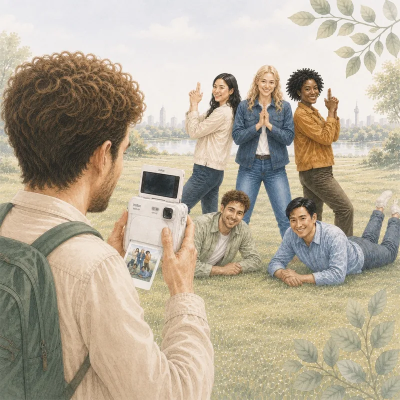 Et hold får taget et fælles polaroidfoto efter Offline Challenge, mens en deltager fotograferer gruppen udendørs.