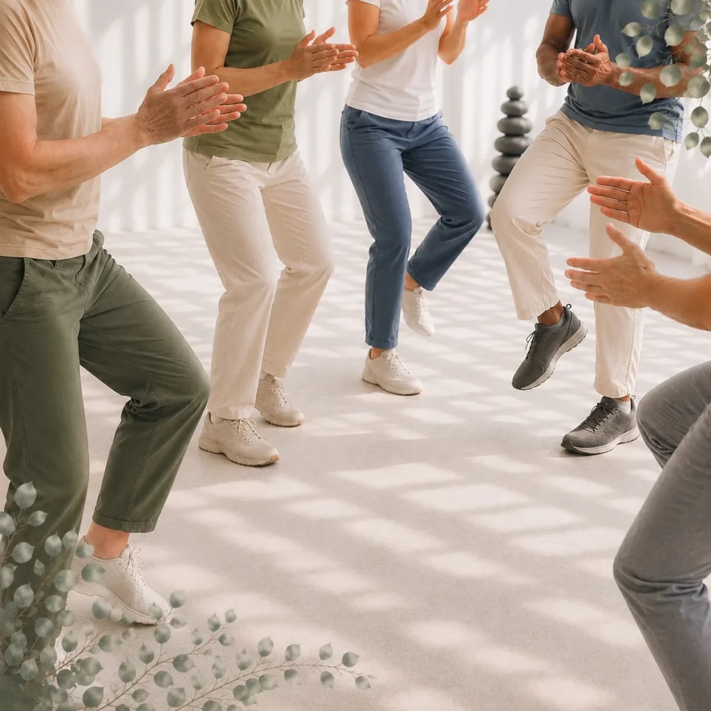 Deltagere udfører Power Move med koordinerede klap og tramp som aktiv teambuilding.