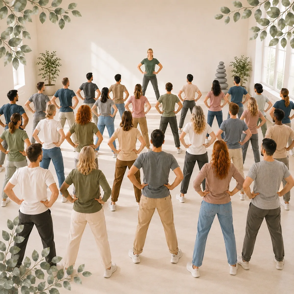 Stor gruppe deltager i Power Move workshop med fælles power pose og fokus på energi, samarbejde og fællesskab.