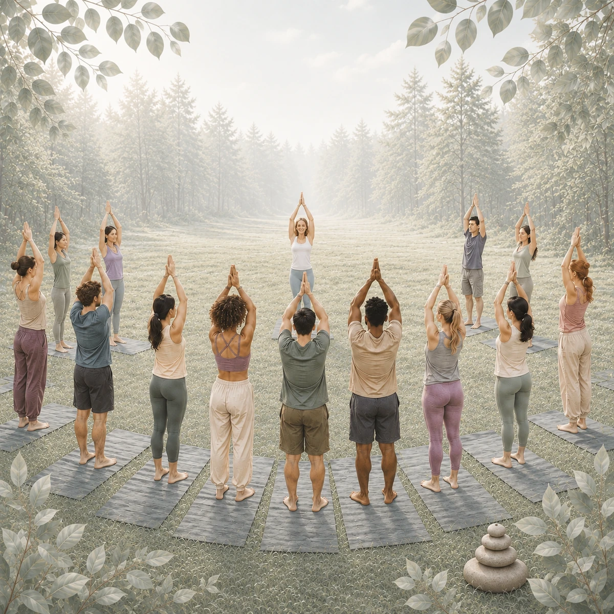 Yoga for virksomheder i naturen, gruppesession med instruktør.