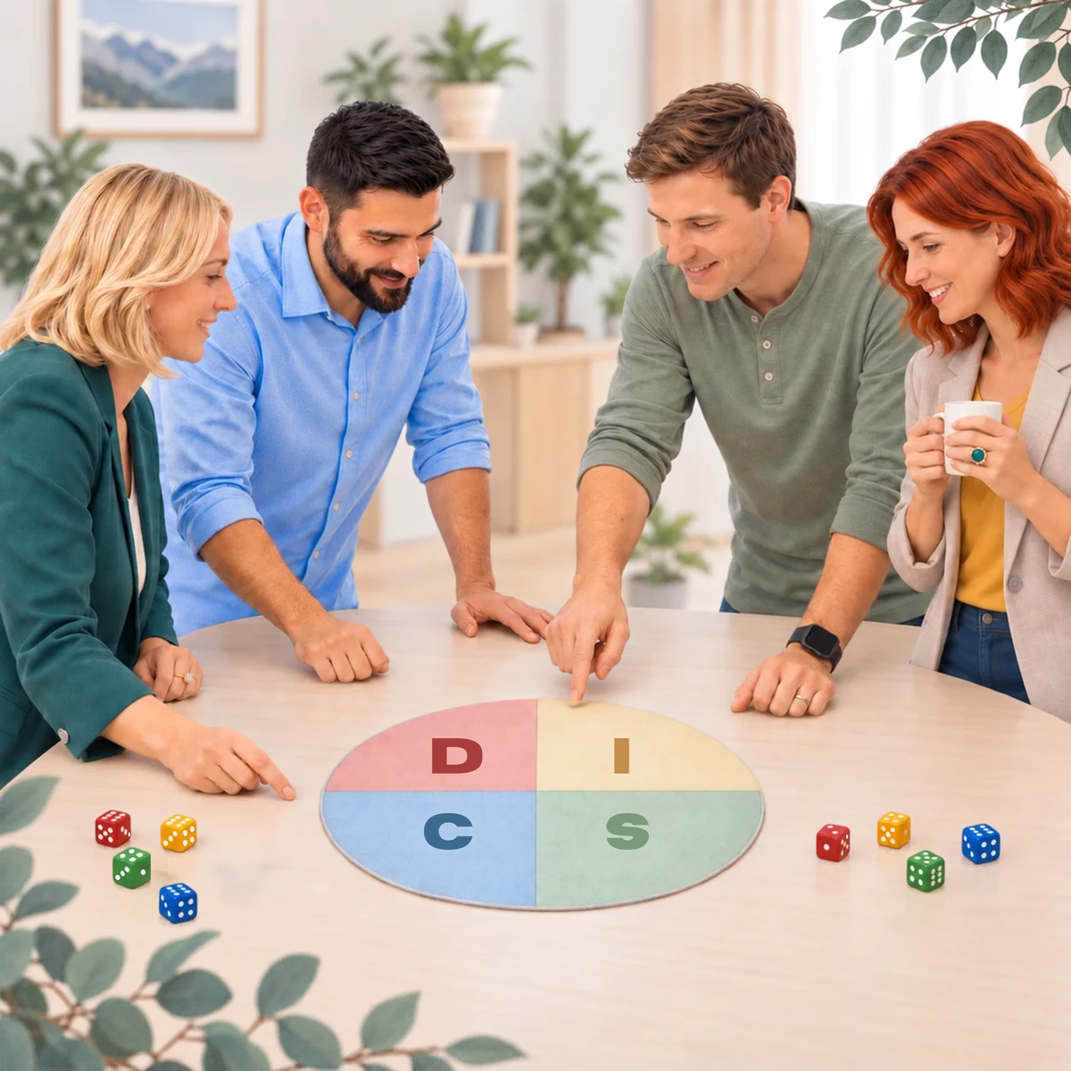 Deltagere i DISC Profil Workshop samarbejder omkring DISC-modellen med farver og terninger